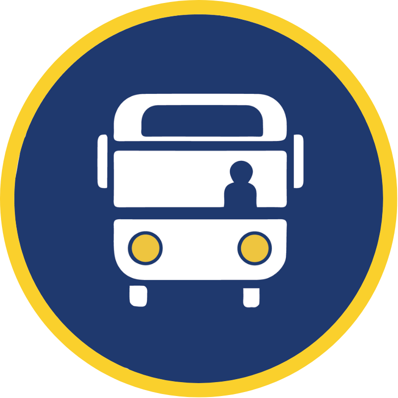 A transit bus viewed from the front